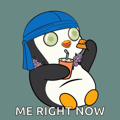 Penguin With Cucumbers Drinking And Eating Burger GIF