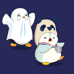 Penguin With Cute Ghost Costume Chasing Other Penguin GIF