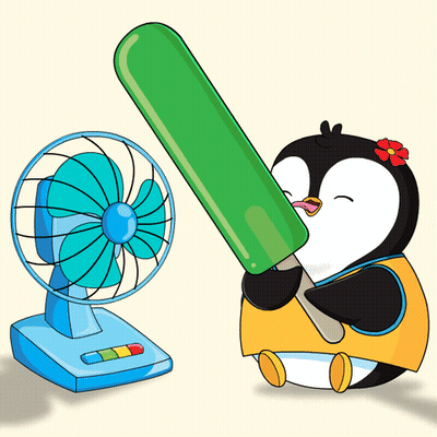 Penguin With Flower Holding Green Ice Cream Beside Fan GIF