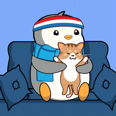 Penguin With Headband And Scarf Holding Cat GIF