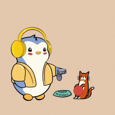 Penguin With Headphones Next To Cat GIF
