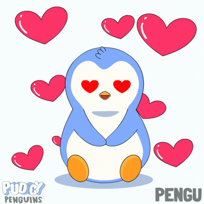 Penguin With Heart Eyes Surrounded By Pink Hearts And Name Pengu GIF