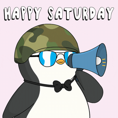 Penguin With Helmet And Sunglasses Holding Megaphone Saying Happy Saturday GIF