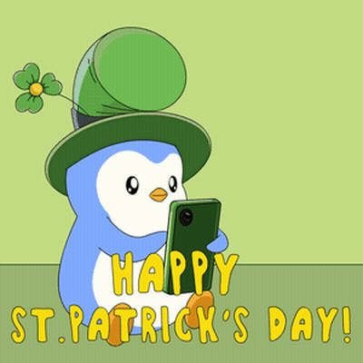 Penguin With Leprechaun Hat Holding Cell Phone Saying Happy St Patrick's Day GIF