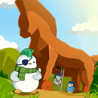Penguin With Mohawk And Scarf In Front Of Wooden Horse Statue GIF