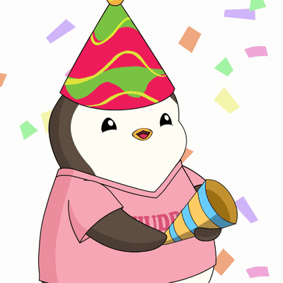 Penguin With Party Hat And Pink Shirt Holding Confetti Cannon GIF