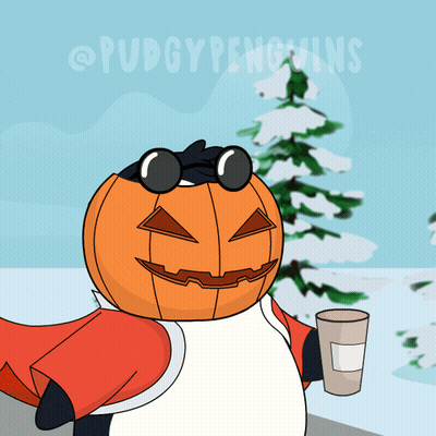 Penguin With Pumpkin on Head Holding Coffee