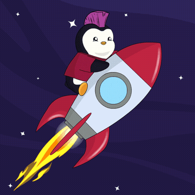 Penguin With Purple Mohawk Flying On Rocket GIF