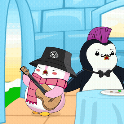 Penguin With Purple Mohawk Playing Guitar GIF