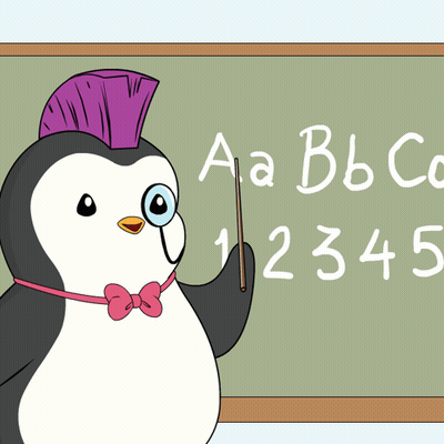 Penguin With Purple Mohawk Pointing At Blackboard AA BB C 12345 GIF