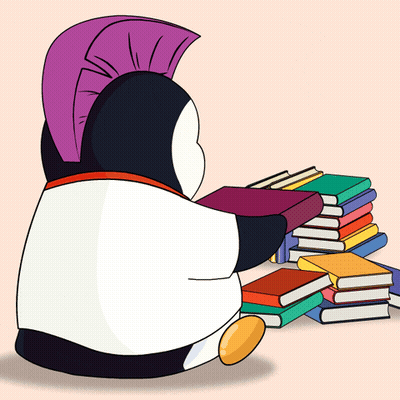 Penguin With Purple Mohawk Reading Book GIF