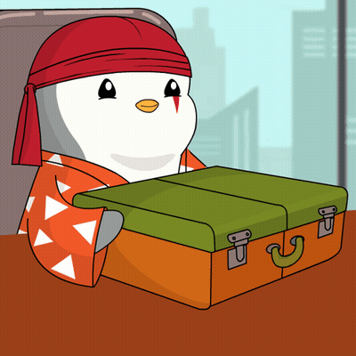Penguin With Red Headband Holding Green Suitcase GIF