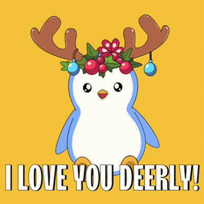 Penguin With Reindeer Antlers And Wreath Saying I Love You Deerly GIF