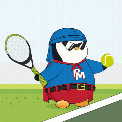 Penguin With RM On Shirt Holding Tennis Racquet GIF