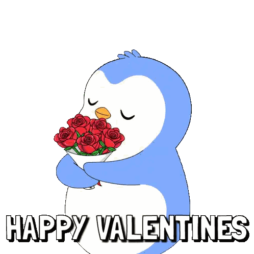 Penguin With Roses And Valentines Text Sticker