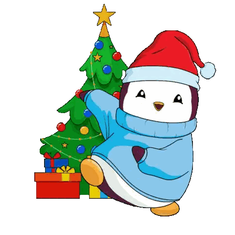 Penguin With Santa Hat Next To Christmas Tree And Presents Sticker
