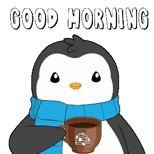 Penguin With Scarf Holding Coffee Cup Good Morning Sticker