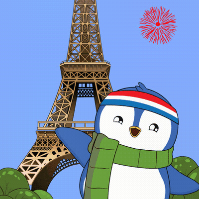 Penguin With Scarf In Front Of Eiffel Tower With Fireworks GIF