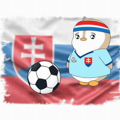 Penguin With Soccer Ball In Front Of Flag GIF