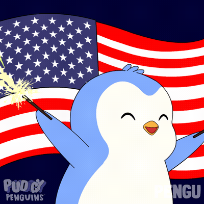 Penguin With Sparkler In Front Of American Flag GIF