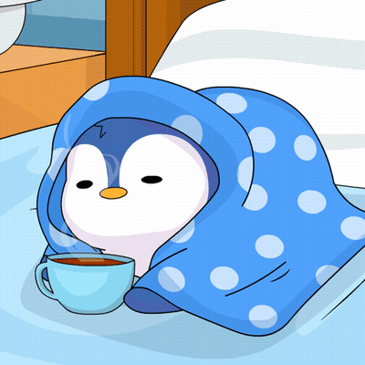 Penguin Wrapped In Blue Polka Dot Blanket With Coffee GIF