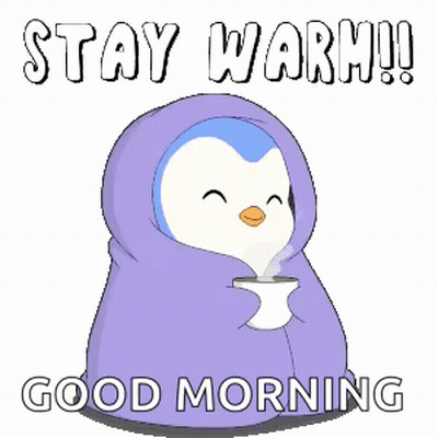 Penguin Wrapped In Purple Blanket Holding Coffee Says Stay Warm Good Morning GIF