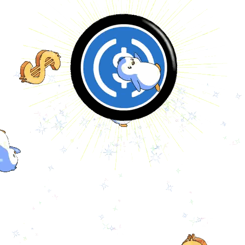 Penguins Are Flying Around A Blue Coin With A Dollar Sign In The Center Sticker