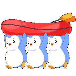 Penguins Carrying Red Raft Sticker