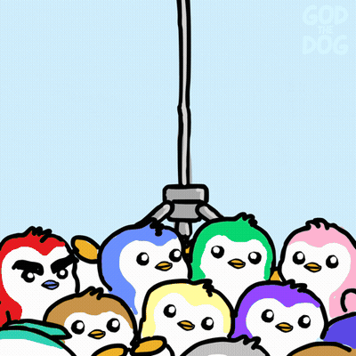 Penguins Gathered Around Claw Holding Cat GIF