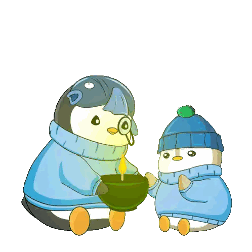 Penguins Holding Bowl In Blue Sweaters And Hats Sticker