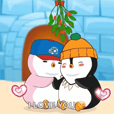 Penguins Hugging Under Mistletoe Saying I Love You GIF