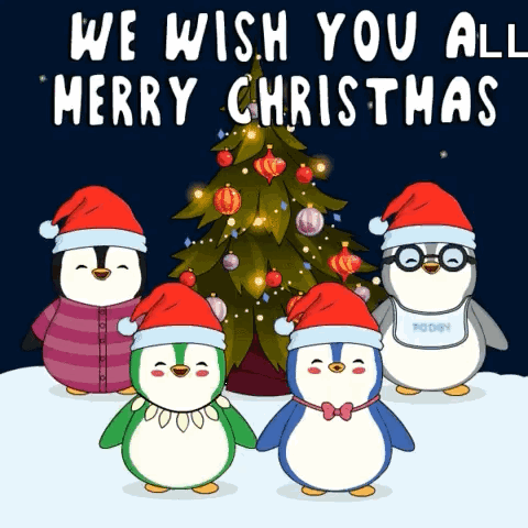 Penguins In Front Of Christmas Tree With We Wish You All Merry Christmas GIF