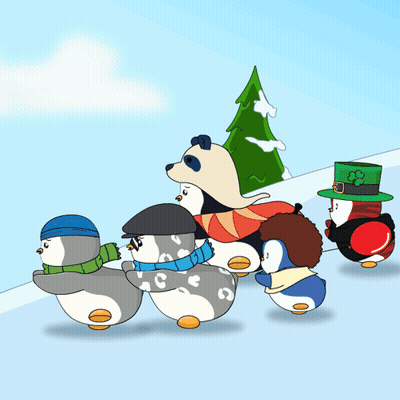 Penguins In Hats And Scarves Running In Snow GIF
