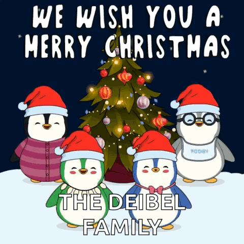 Penguins In Santa Hats In Front Of Christmas Tree Wishing Merry Christmas GIF