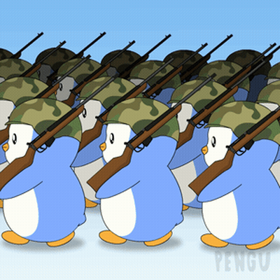 Penguins Marching With Guns And Helmets Saying Pengu GIF