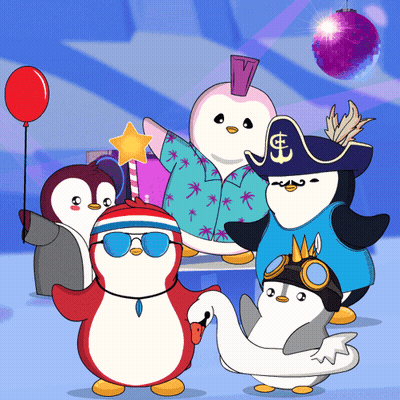 Penguins Posing, One In Pirate Hat With Red Balloon GIF