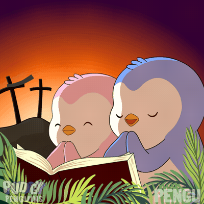 Penguins Praying At Cross With Word Penguins GIF