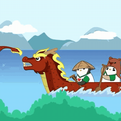Penguins Rowing Dragon Boat In Ocean GIF