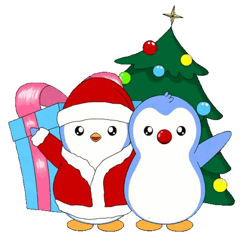 Penguins Santa Standing By Christmas Tree And Presents Sticker