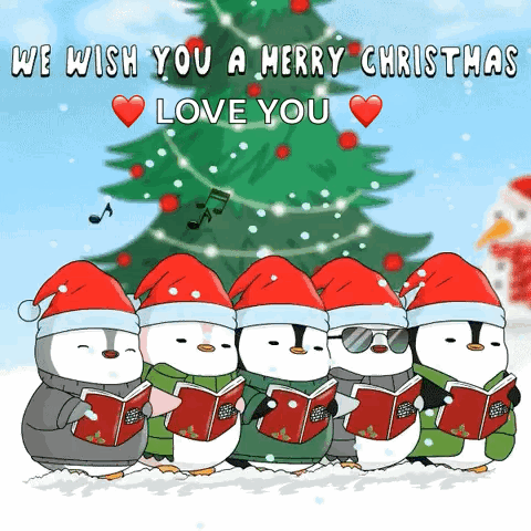 Penguins Singing Carols In Front Of Christmas Tree GIF