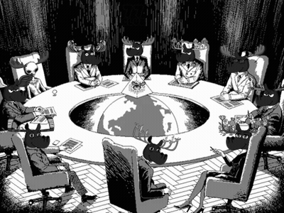 Penguins Sitting Around Table Pointing At Whiteboard GIF