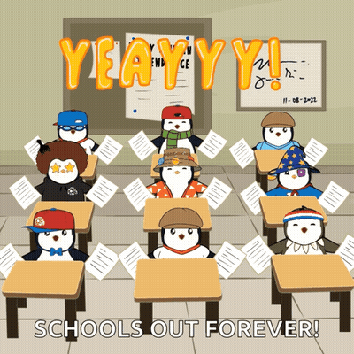 Penguins Sitting At Desks Celebrating School's Out GIF