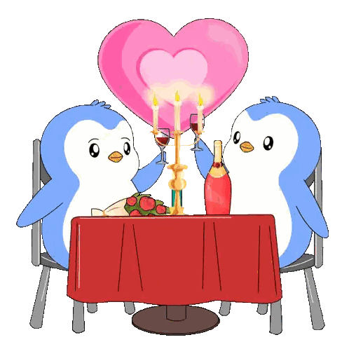 Penguins Sitting At Table With Candles And Heart Sticker