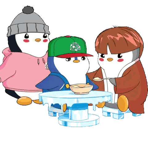 Penguins Sitting At Table With Igloo Hat Sticker