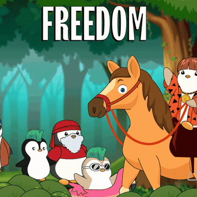 Penguins Standing Around Horse With Word Freedom GIF