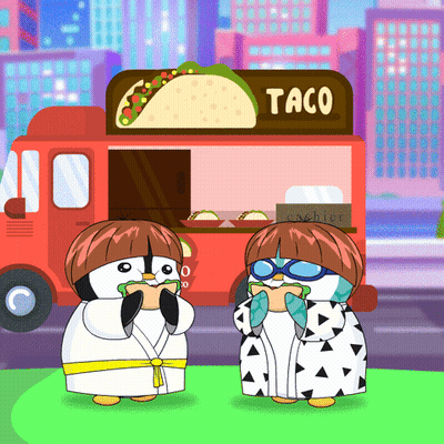Penguins Standing In Front Of Taco Truck GIF
