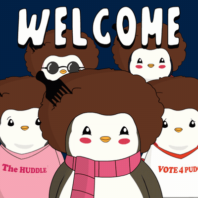 Penguins Standing In Front Of Welcome Sign GIF