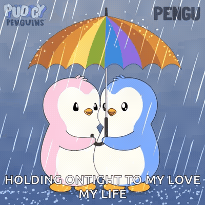 Penguins Under Umbrella Holding Ontight To My Love My Life GIF