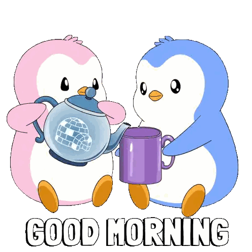 Penguins With Cups And Teapot Good Morning Sticker