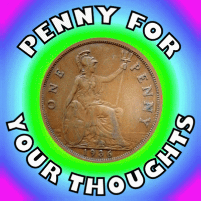 Logo de Penny for Your Thoughts con una moneda de un centavo GIF